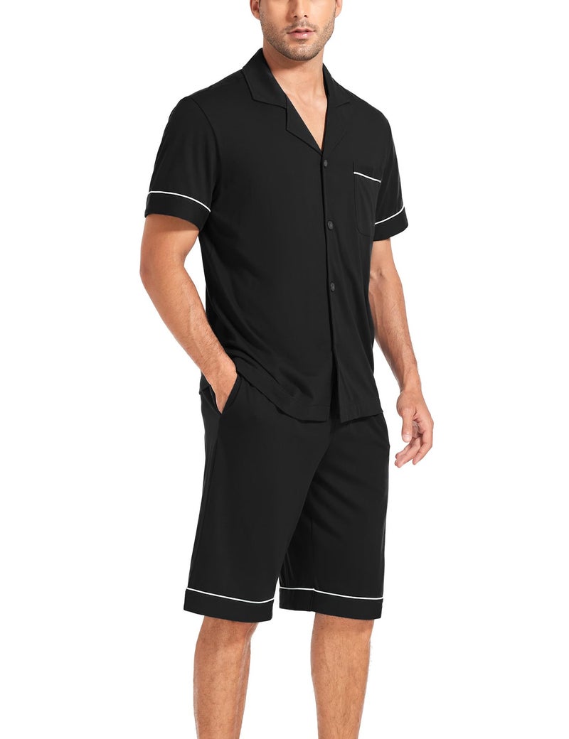 COLORFULLEAF Men's 100% Cotton Short Sleeve Pajama Sets Button Down Notched Collar Sleepwear Soft Lounge Pjs with Pockets (Black, M) - Image 3